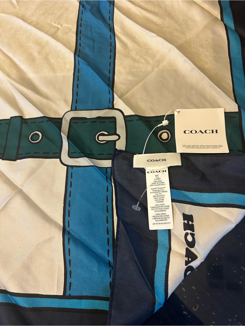 COACH 100% Silk Scarf Blue Multi Buckle Print 34” Square NWT